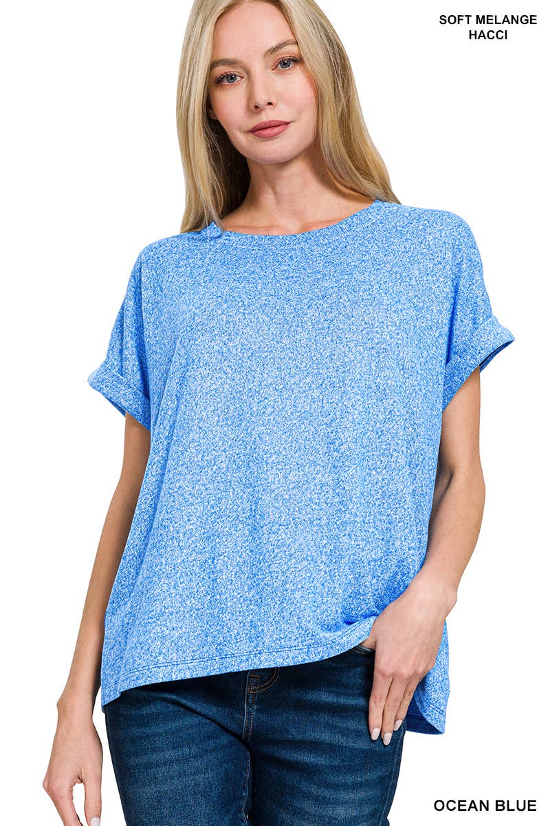Soft Melange Folded Sleeve Round Neck Top - Zenana