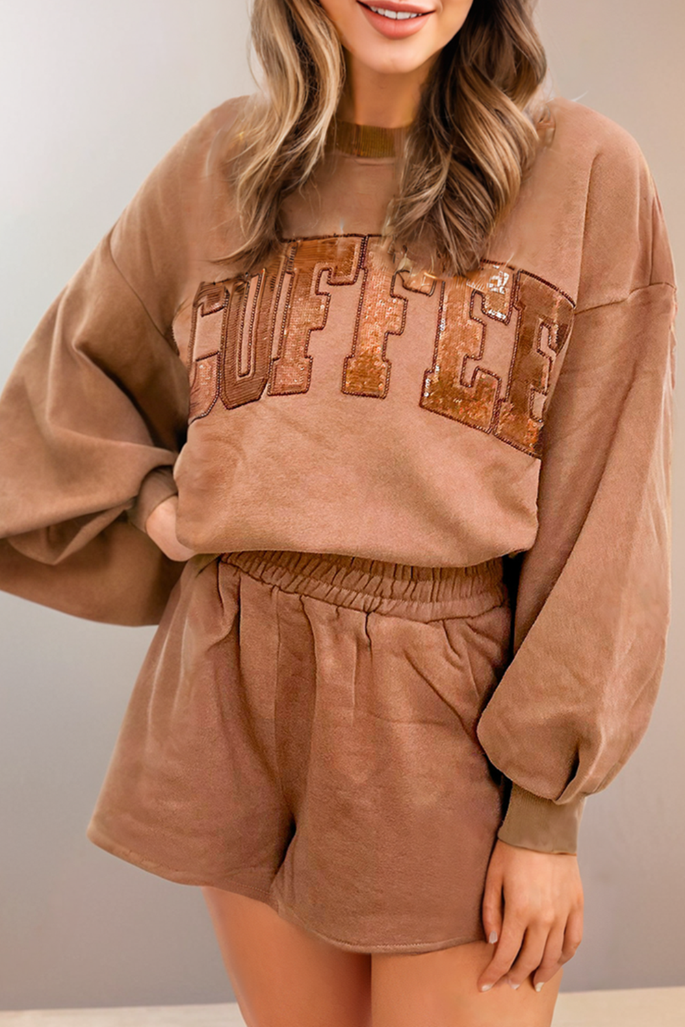 Coffee Sequin Sweatshirt + Shorts Set