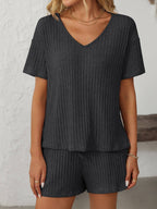 Solid Color Ribbed Short-Sleeve Pajama Loungewear Set