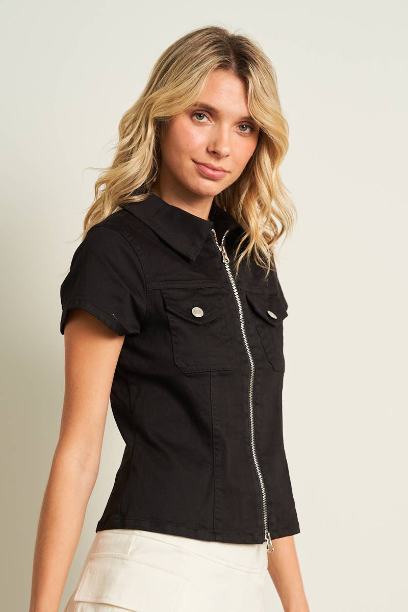 11221S-2WAY OPEN ZIPPER FITTED COLOR DENIM SHIRTS