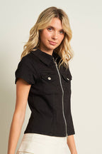 11221S-2WAY OPEN ZIPPER FITTED COLOR DENIM SHIRTS