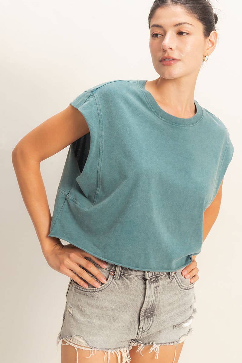 Crew Neck Boxy Sleeveless Cropped Top