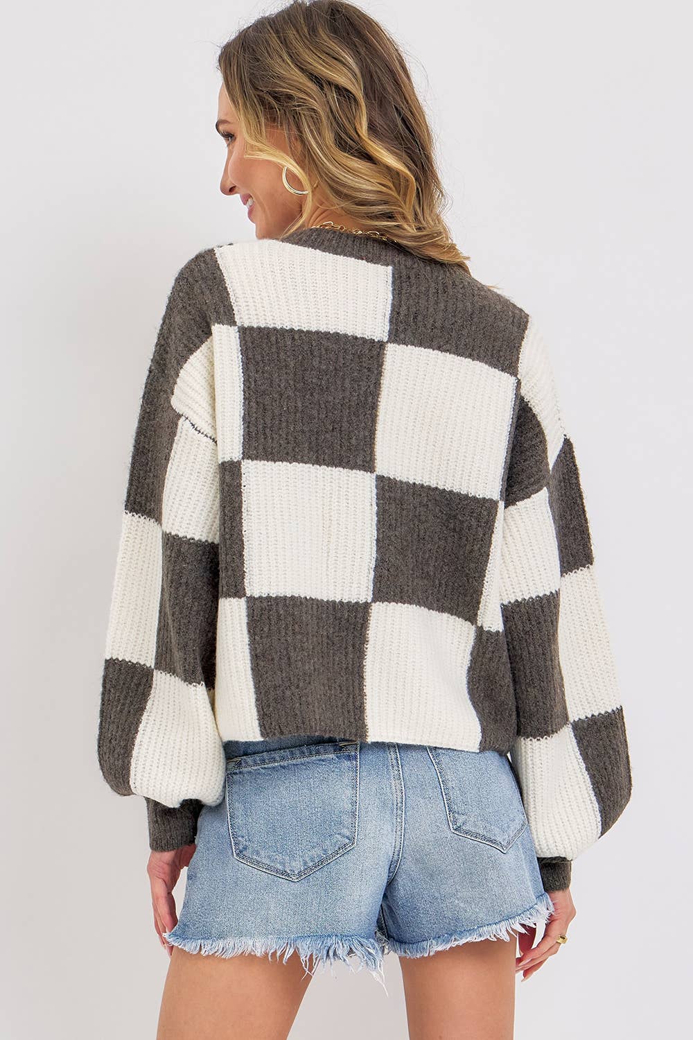 CASUAL SOFT COZY  RELAXED FIT CHECKER KNIT SWEATER