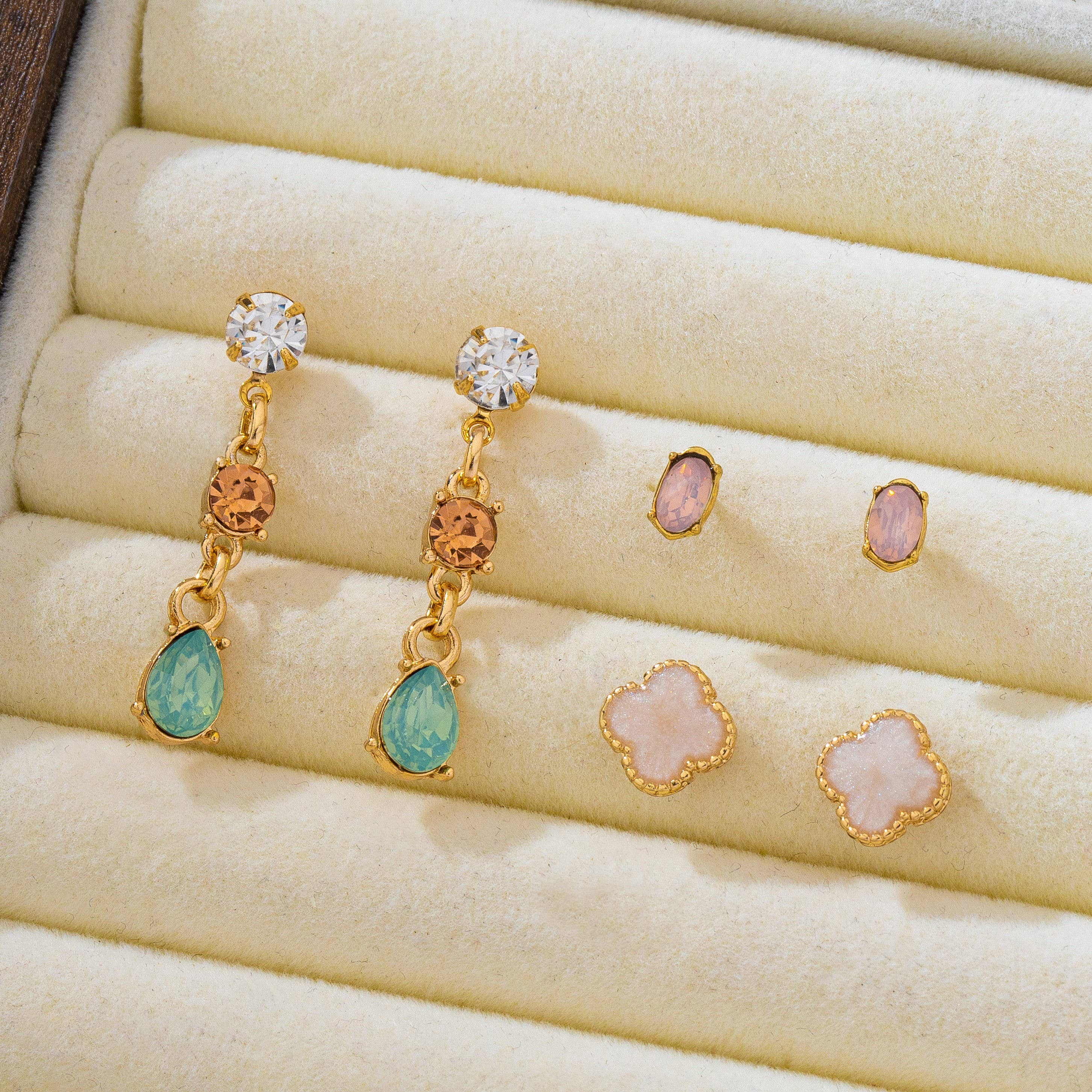 Mixed Clover Rhinestone Stud Drop Trio Earring Set| 80E62676