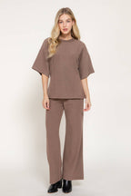 Elbow Sleeve Round Neck Brushed Knit Top with Flared Hem