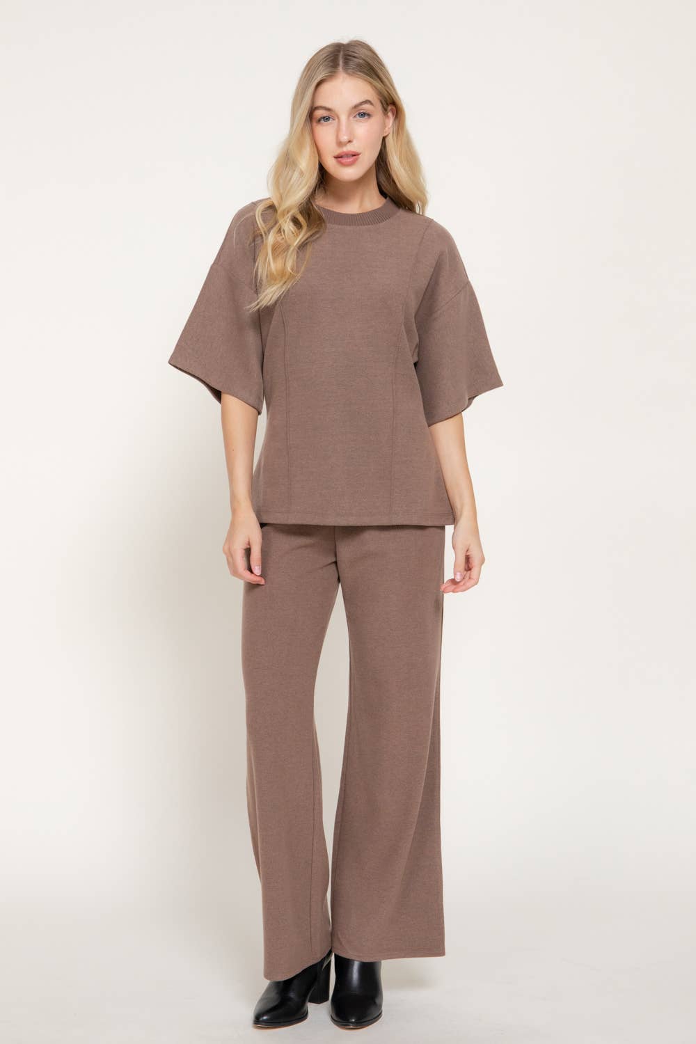 Elbow Sleeve Round Neck Brushed Knit Top with Flared Hem