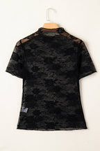 PRETTY BASH Floral Lace Mesh Short Sleeve Sheer Top