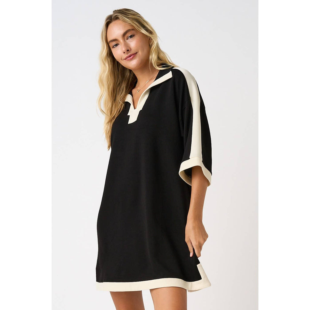 CLOUD KNIT CONTRAST STRIPE POLO MINI SHIRT DRESS