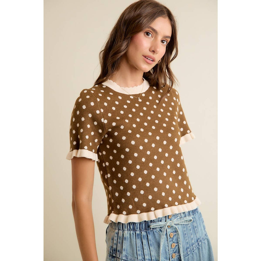 POLKA DOT RUFFLED SHORT SLEEVES SWEATER KNIT TOP