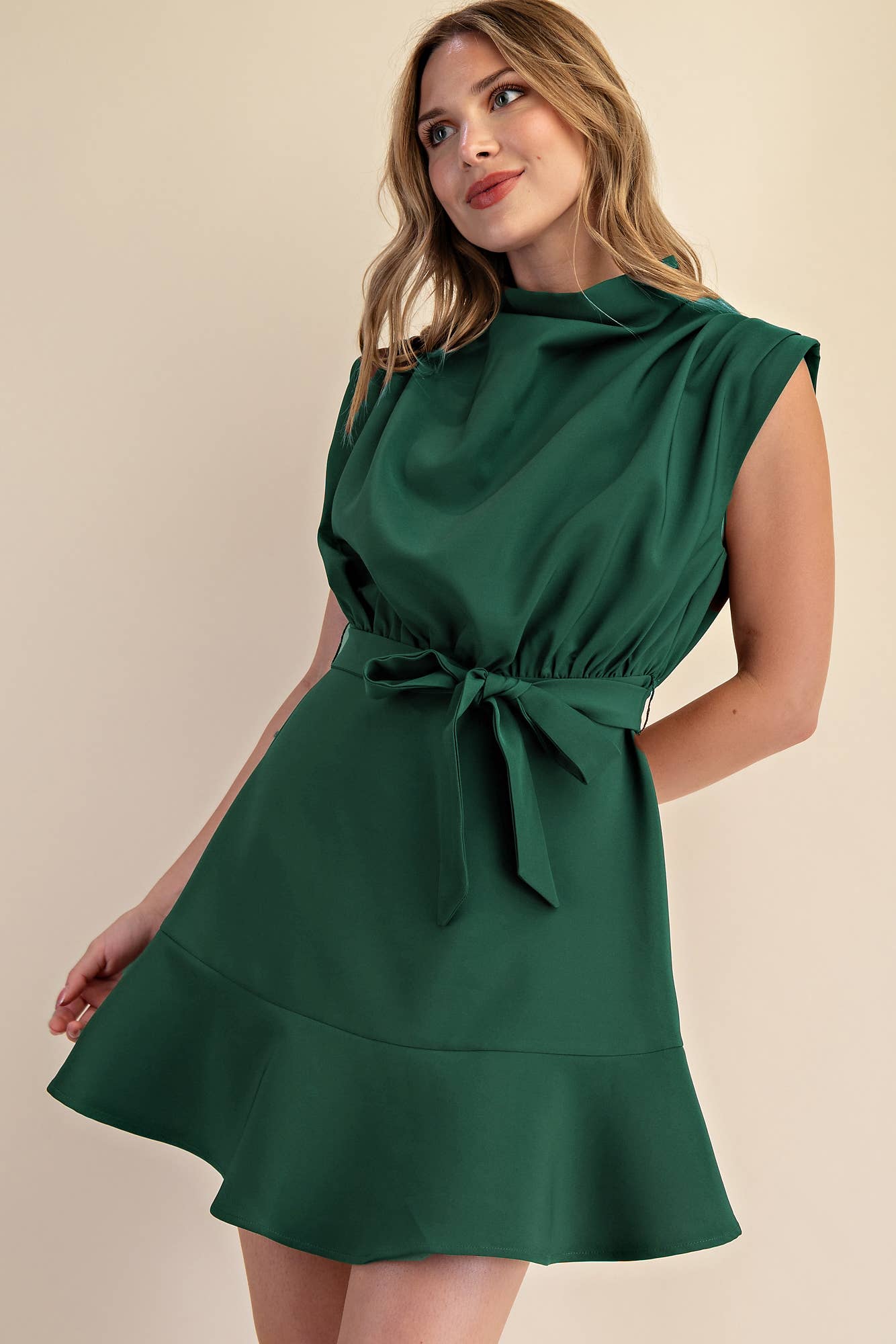 Cowl Neck Sleeveless Waist Tie Mini Dress