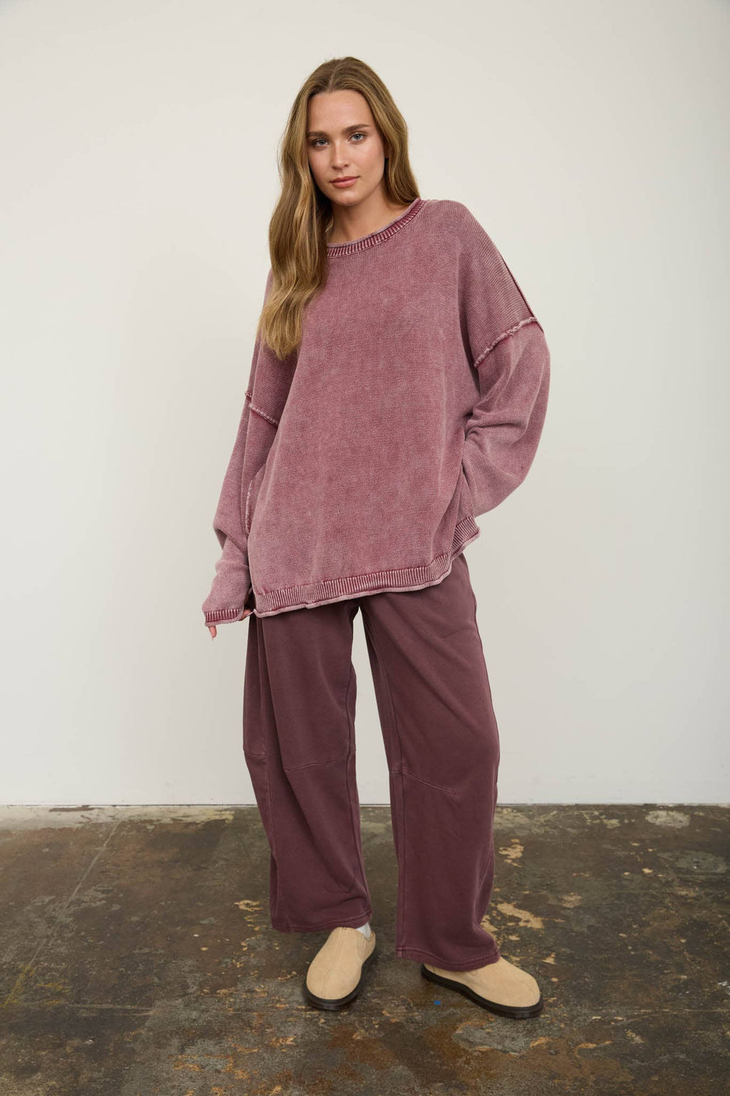 WASHED RAW EDGE CREW NECK DROP SLEEVE SWEATER