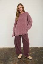 WASHED RAW EDGE CREW NECK DROP SLEEVE SWEATER