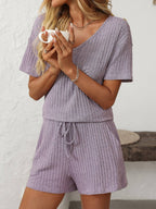 Solid Color Ribbed Short-Sleeve Pajama Loungewear Set