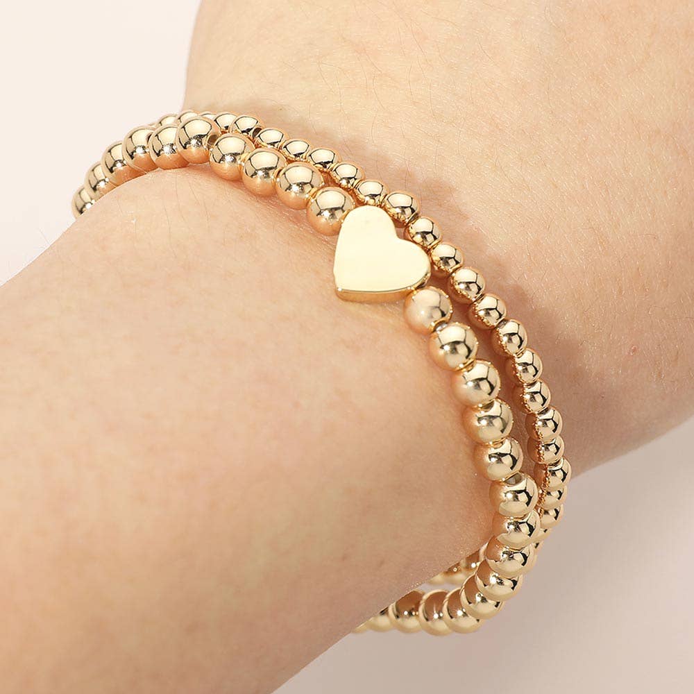 2PCS - Gold Dipped Heart Charm Ball Beaded Stretch Multi Layered Bracelets
