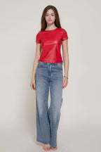 Short Sleeve Round Neck Stretch Faux Leather Top