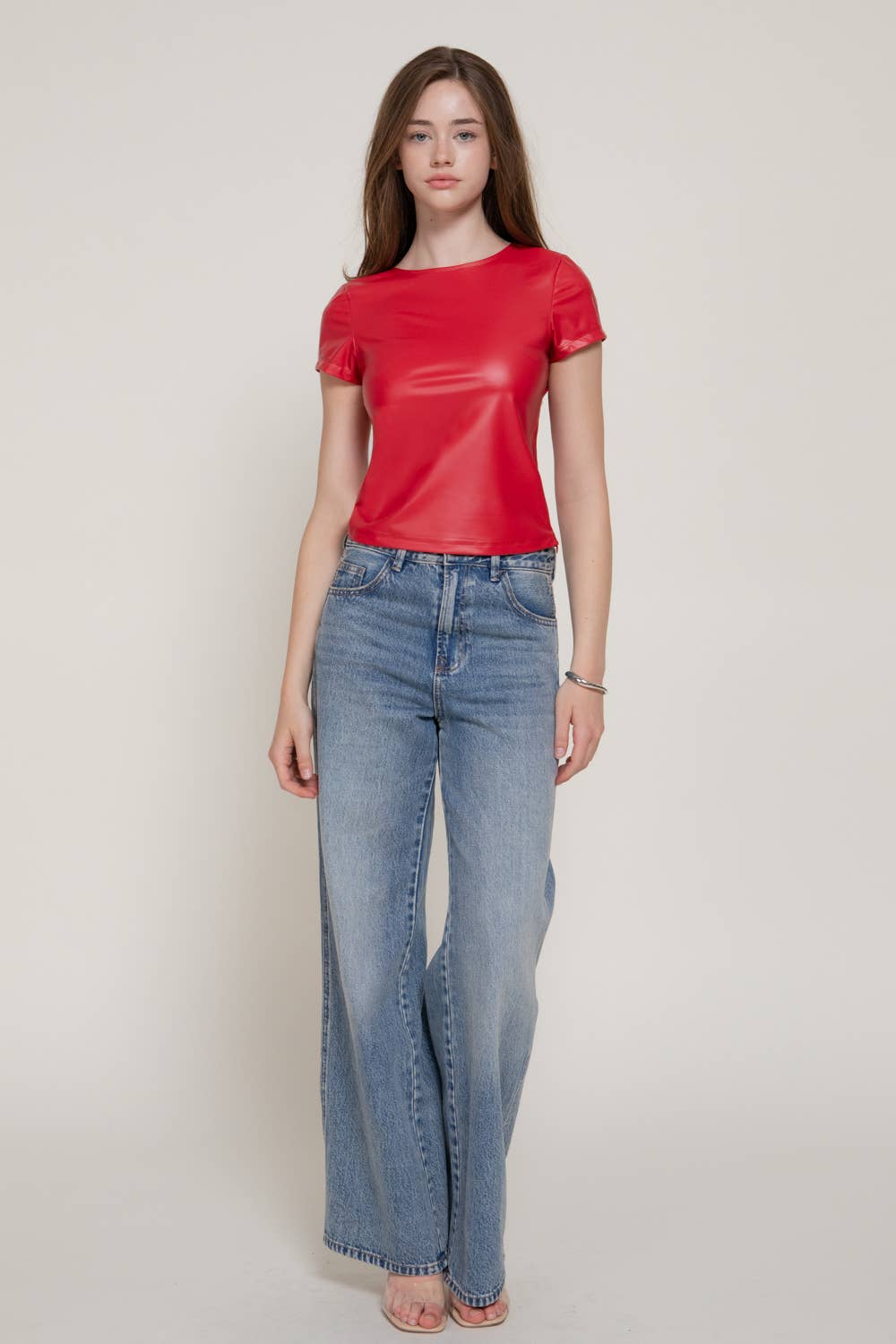 Short Sleeve Round Neck Stretch Faux Leather Top
