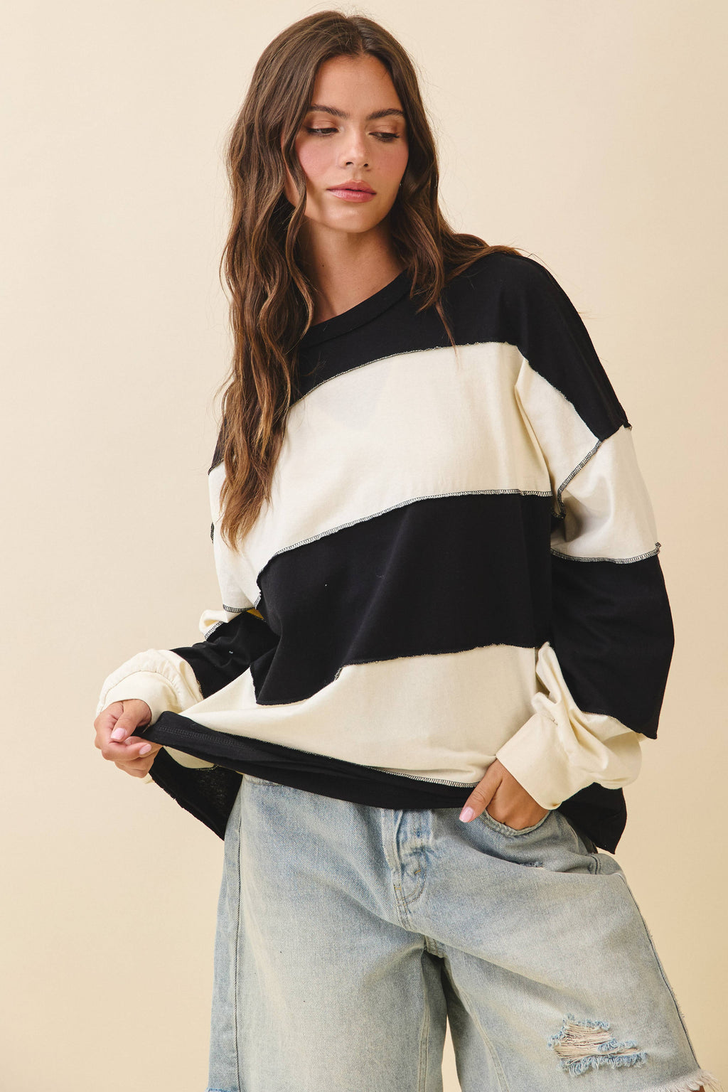 8551GN Contrast Panel Long Sleeve Slouchy Pullover 1