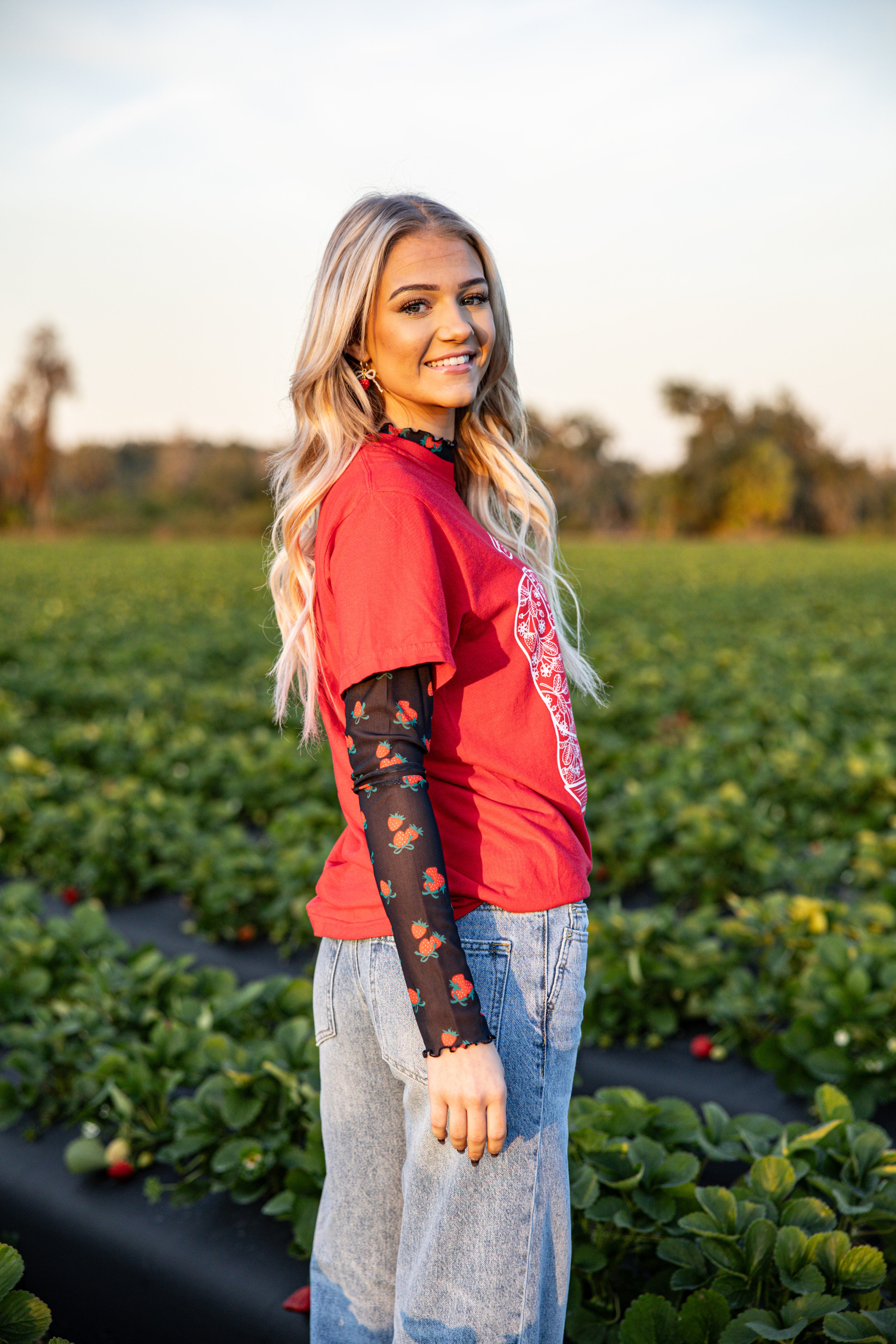 Strawberry Bow Print Long Sleeve Mesh Top
