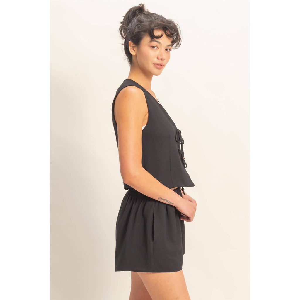 Sleeveless Tie-Front Vest And Elastic Waist Shorts Set