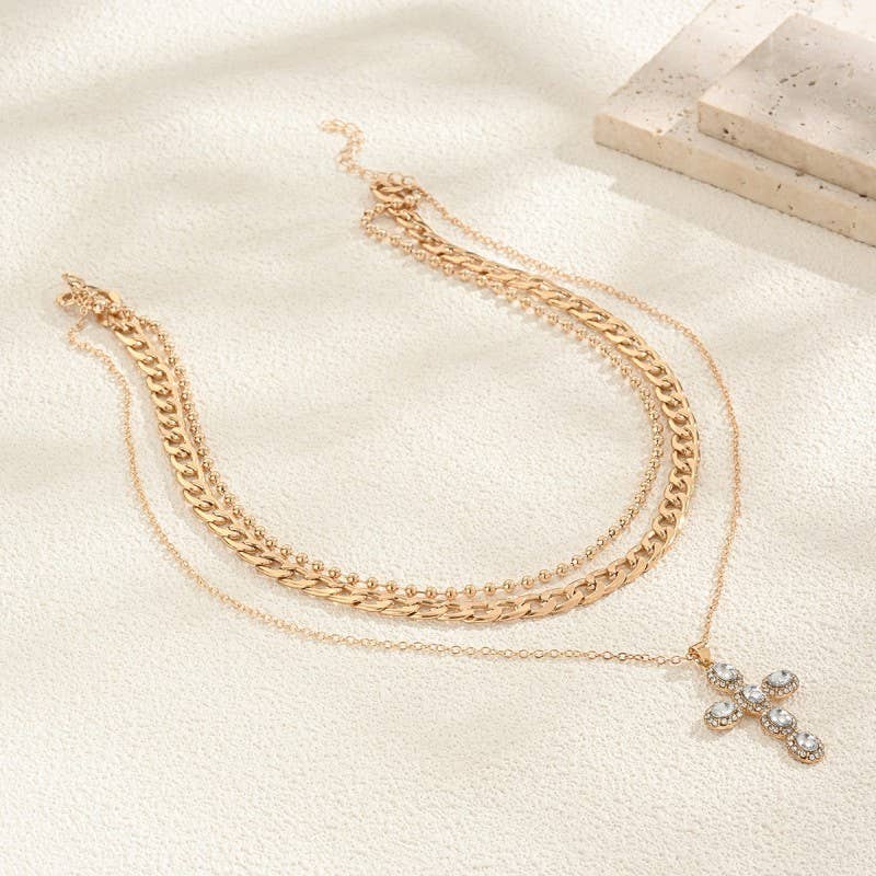 RHINESTONE CROSS MULTI LAYER NECKLACE | 40NK9608