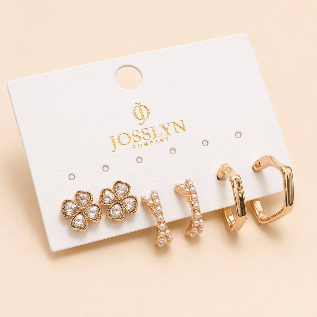 Floral Gem Pearl Hoop Trio Earrings | 80E62420