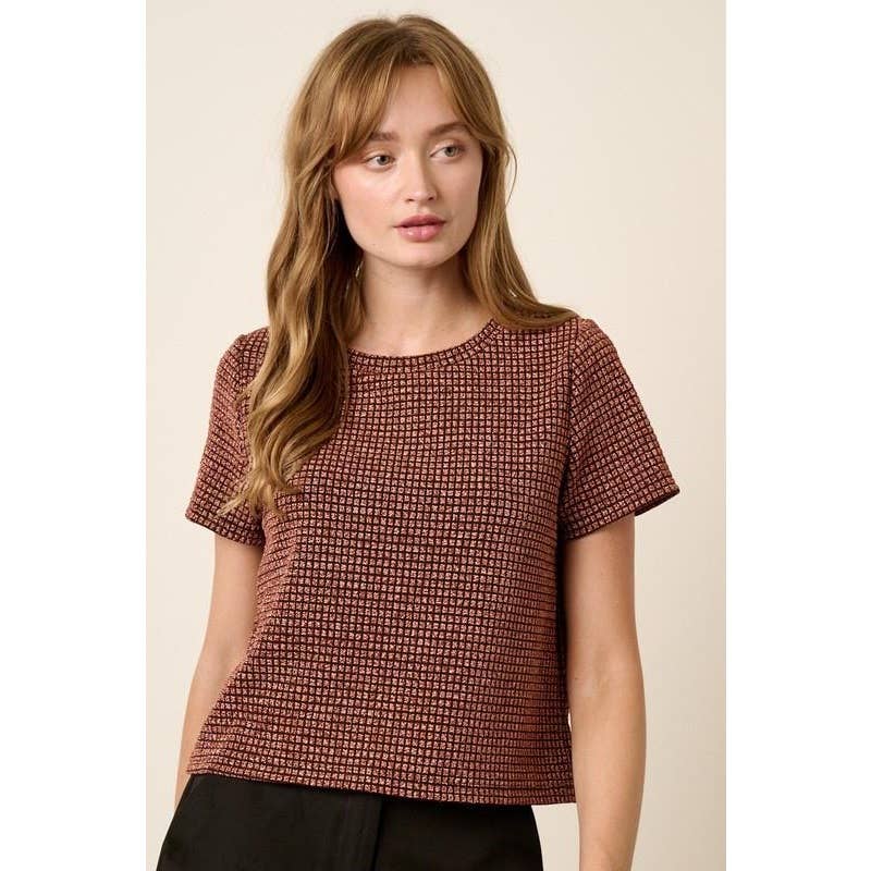 T10373B - GEO PATTERN METALLIC SHORT SLEEVE TOP