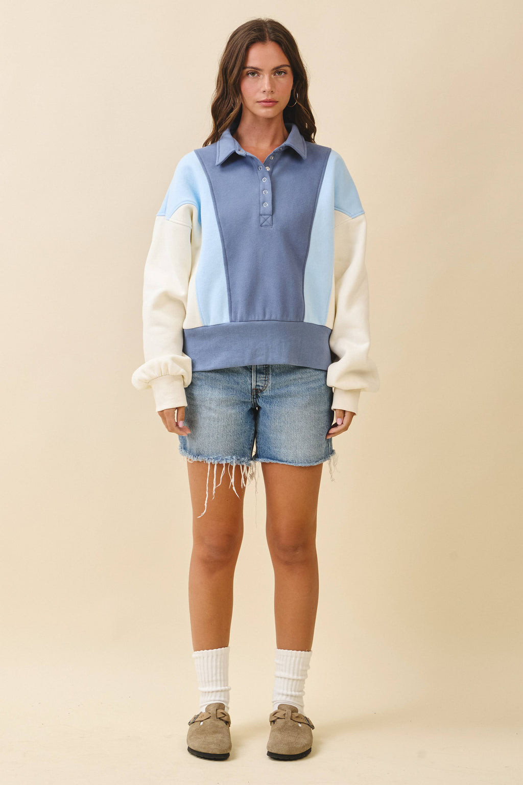 9161HK Collared Colorblock Henley Pullover Sweatshirt