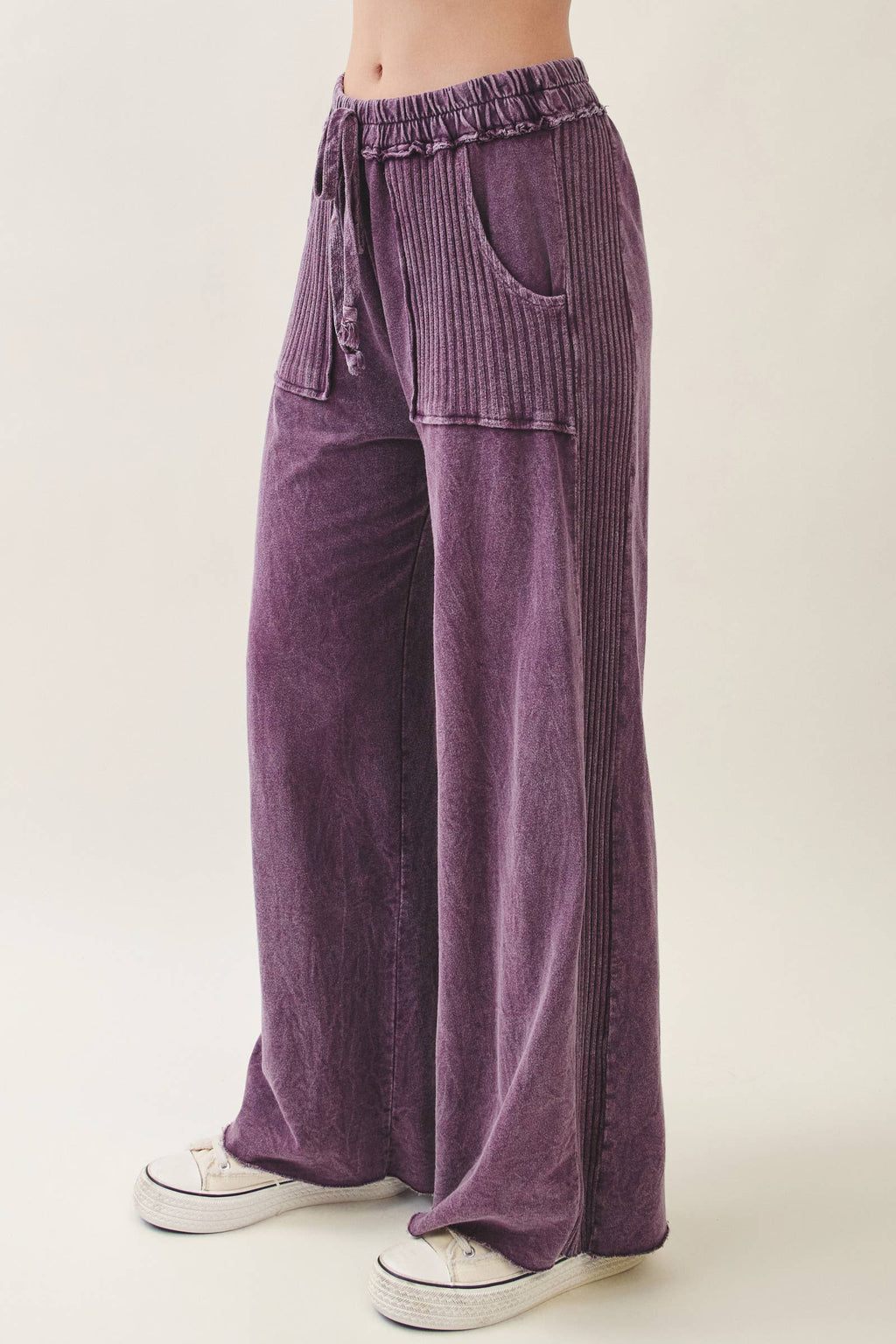 Mineral Wash Side Knit detail wide leg pants HE5878P