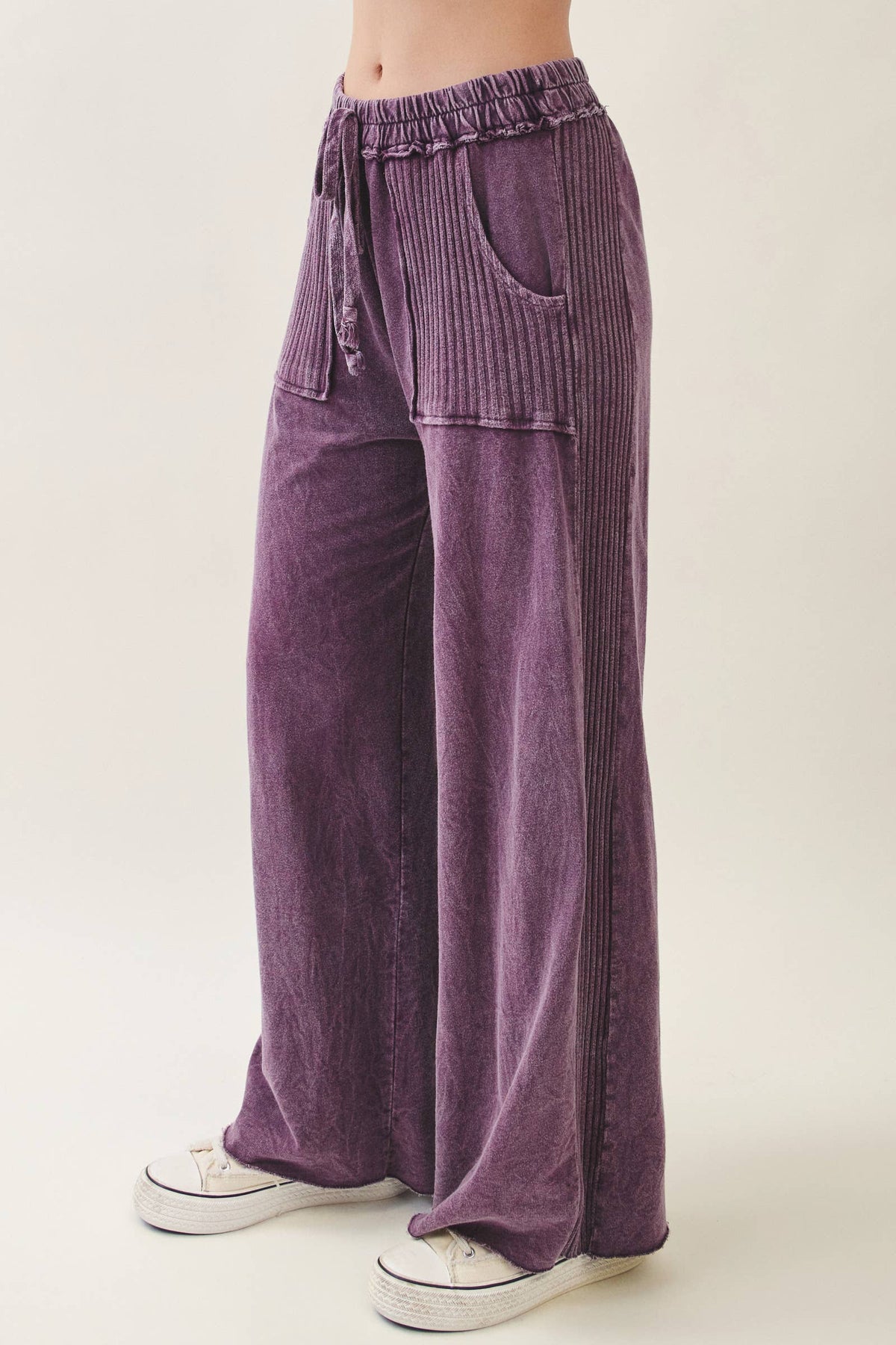 Mineral Wash Side Knit detail wide leg pants HE5878P