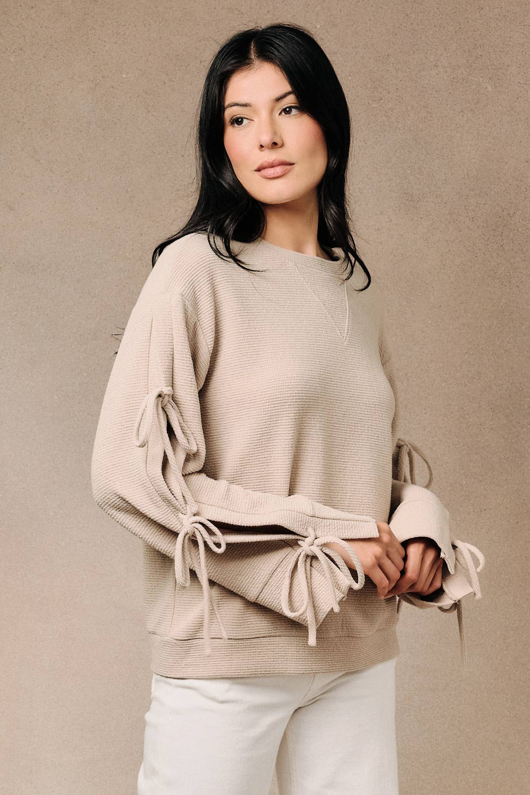 Ribbed Long Sleeve Side Tie Detail Knit Pullover