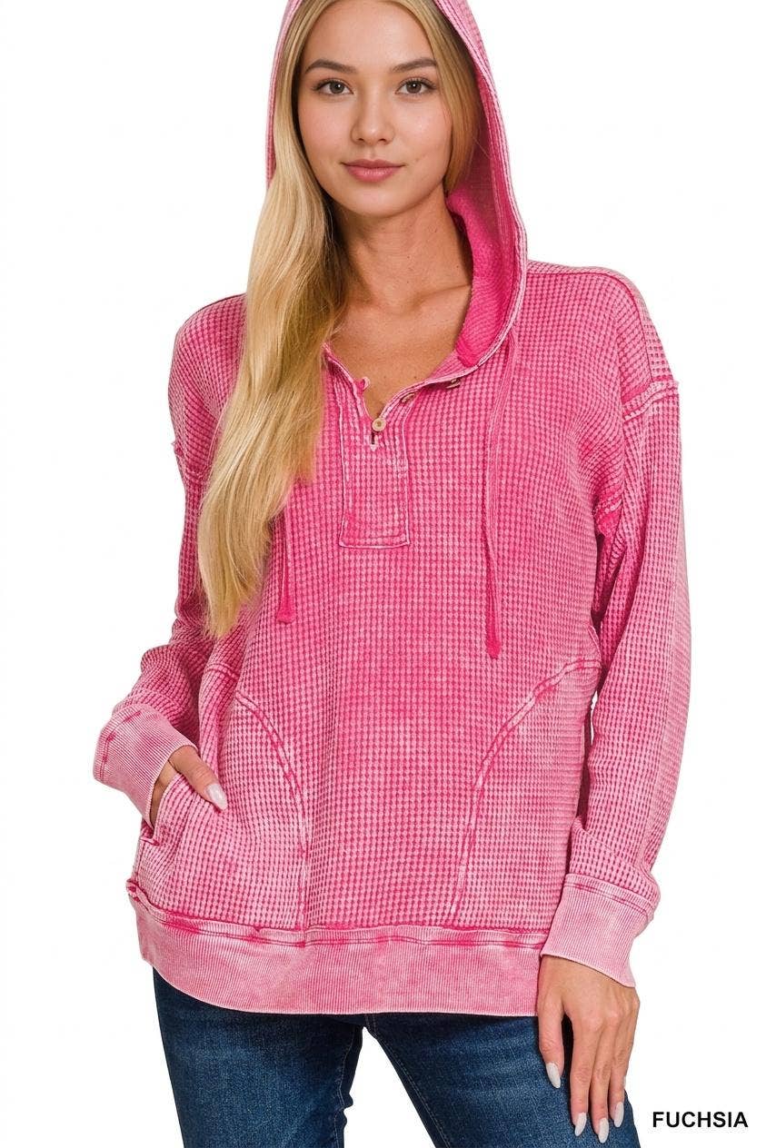 Washed Baby Waffle 3 Button Top - Zenana
