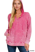 Washed Baby Waffle 3 Button Top - Zenana