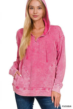 Washed Baby Waffle 3 Button Top - Zenana