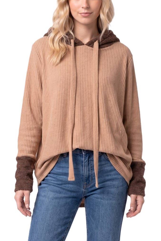 Textured Faux Sherpa Collar Hooded Top