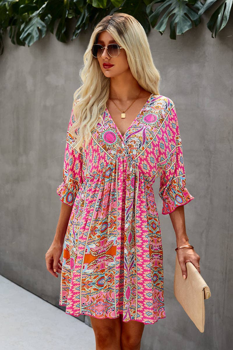 Boho Print Wrap Neck Tie Back Pleated Hem Dress