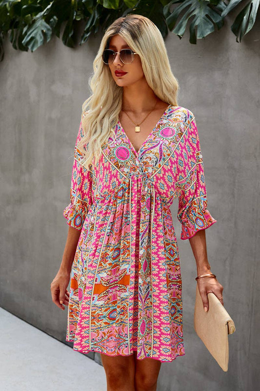 Boho Print Wrap Neck Tie Back Pleated Hem Dress