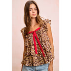 LEOPARD WOVEN FRONT BOW TIE RUFFLE SQUARE NECK TOP