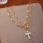 Layered Paperclip Chain Crystal Cross Necklace | 80N93790