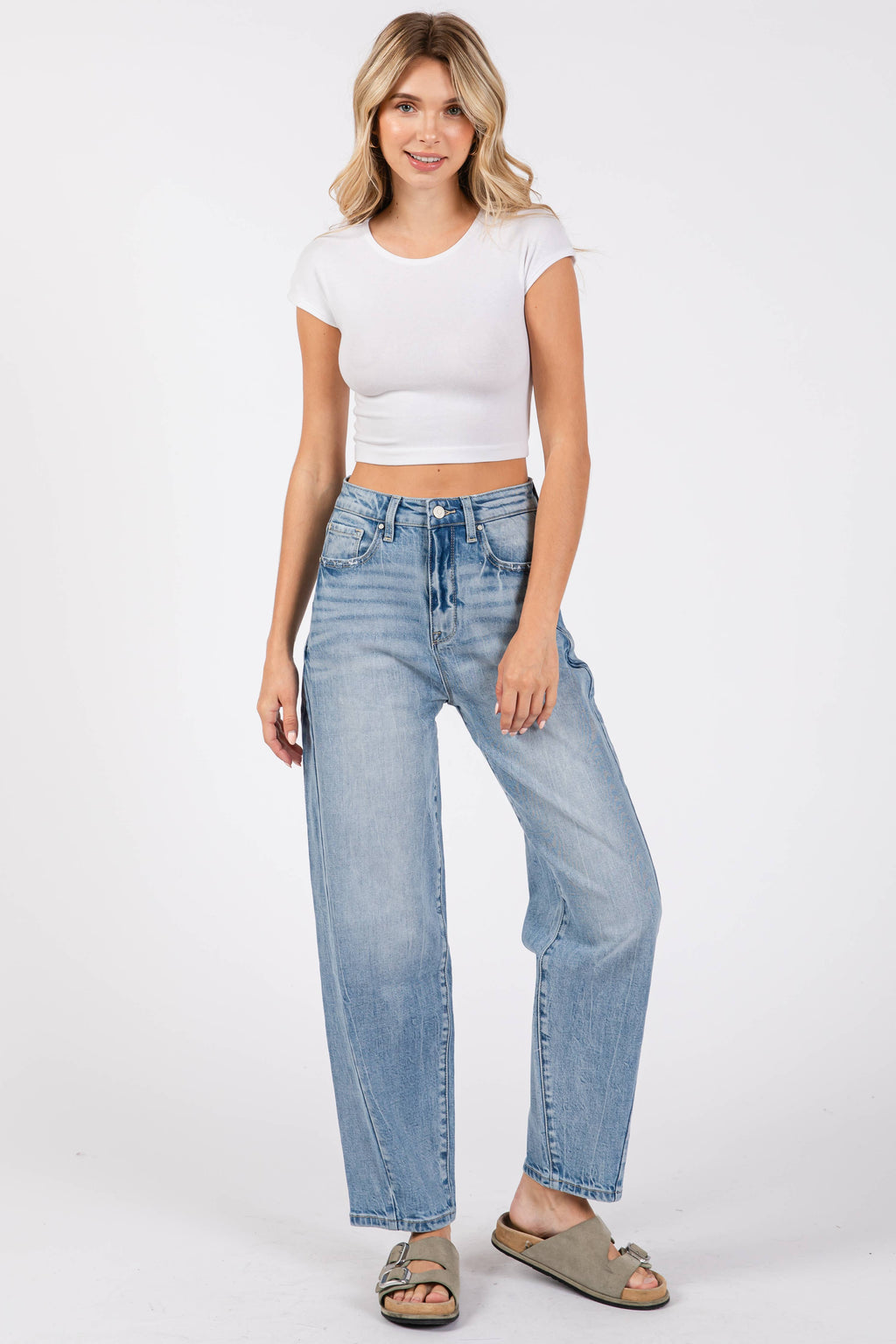 P1305X-LM SIDE SEAM DETAILING HIGH RISE COMFORT BARREL JEANS