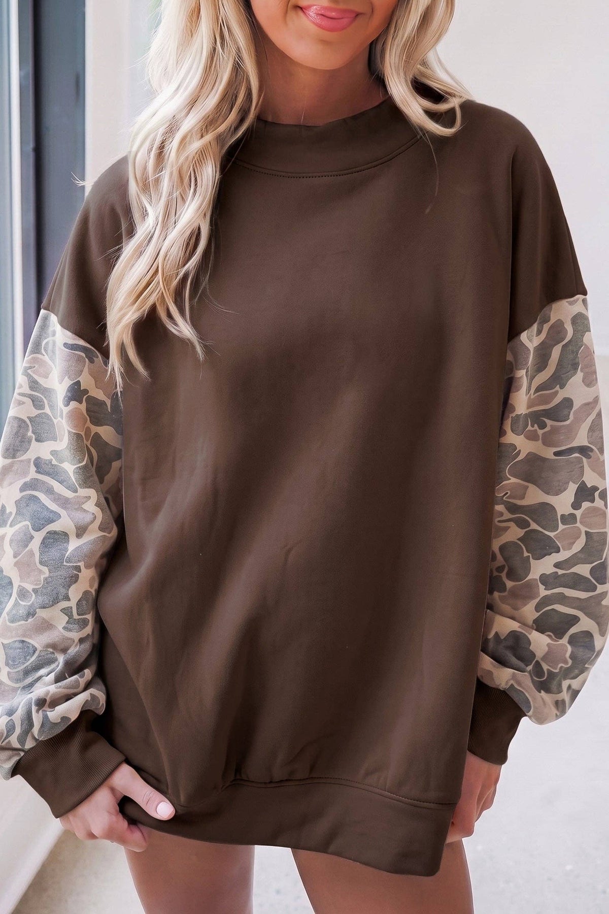 Coffee Camouflage Sleeve Crewneck Baggy Pullover Sweatshirt