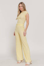 Short Sleeve Crew Neck Top & Waist Band Flare Pants Set
