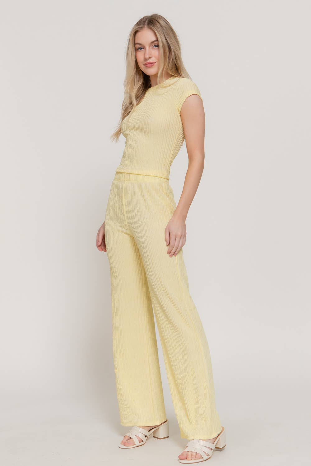 Short Sleeve Crew Neck Top & Waist Band Flare Pants Set