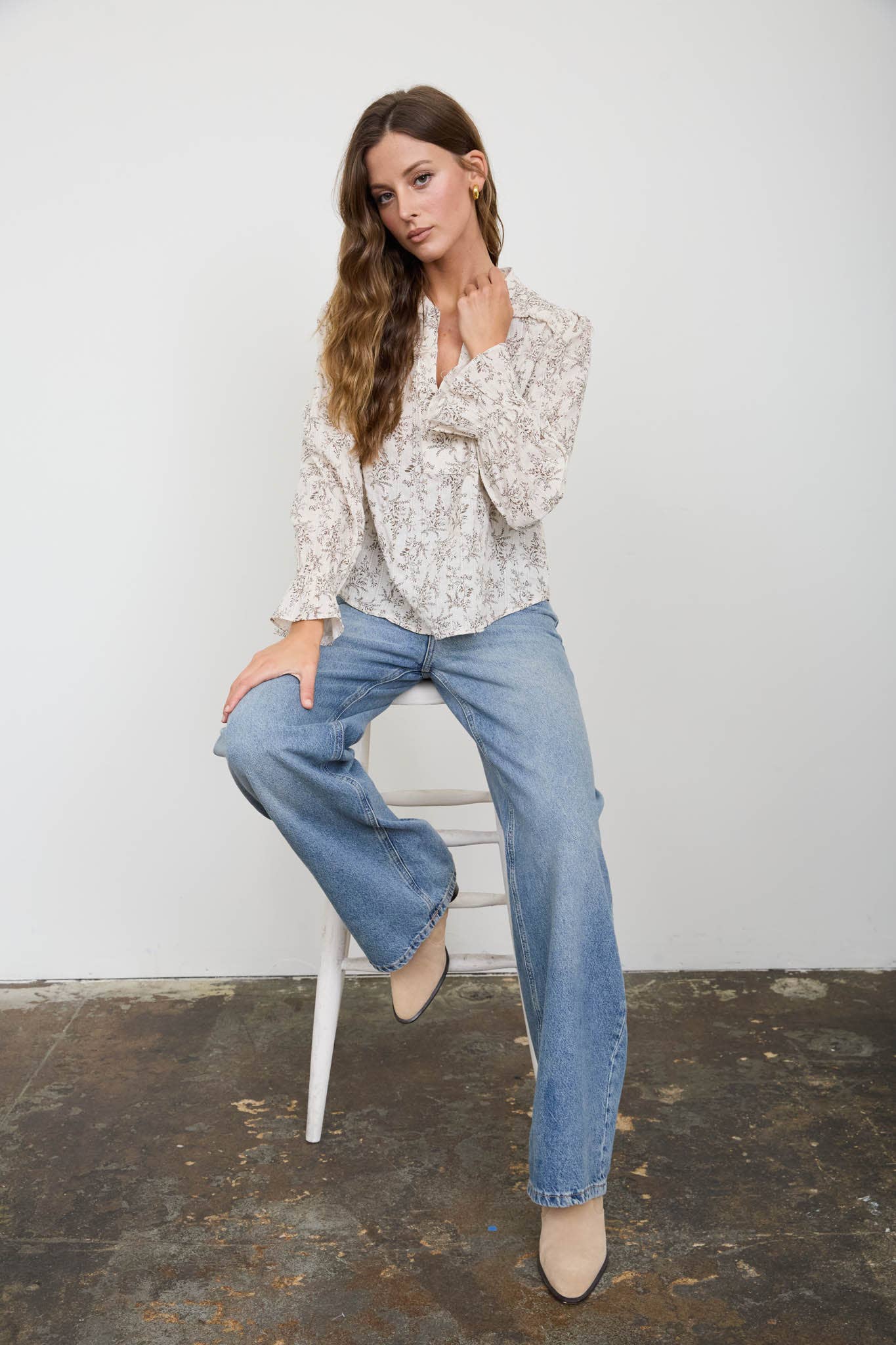FLORAL LEAF PRINT SPLIT NECK LONG SLEEVE BLOUSE