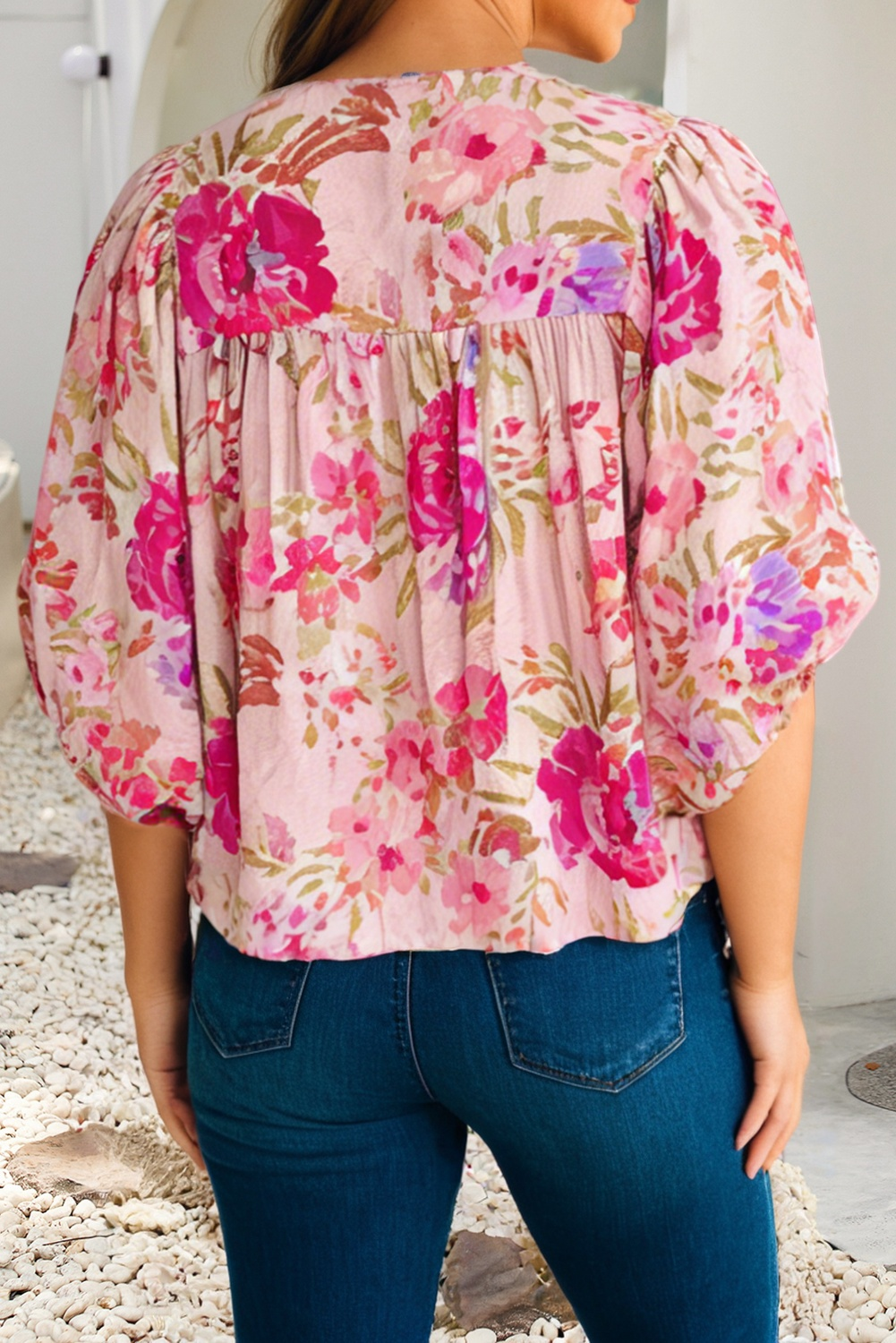 Spring Floral Print Tie Neck Puffy Half Sleeve Blouse|S-4X