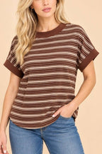 Striped Contrast-trim Ribbed Top