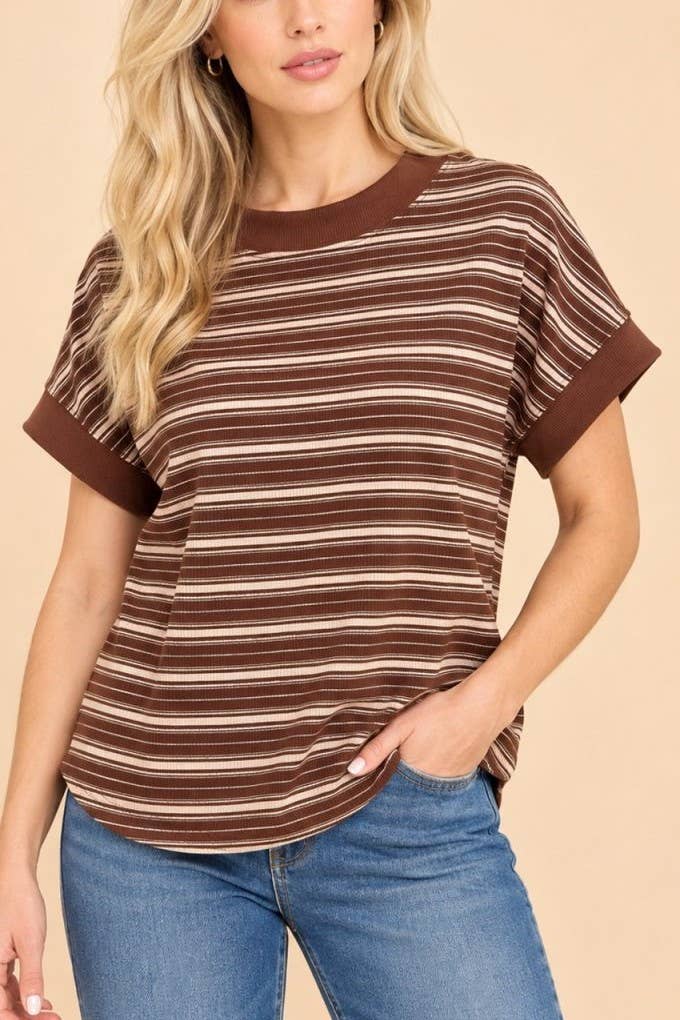Striped Contrast-trim Ribbed Top