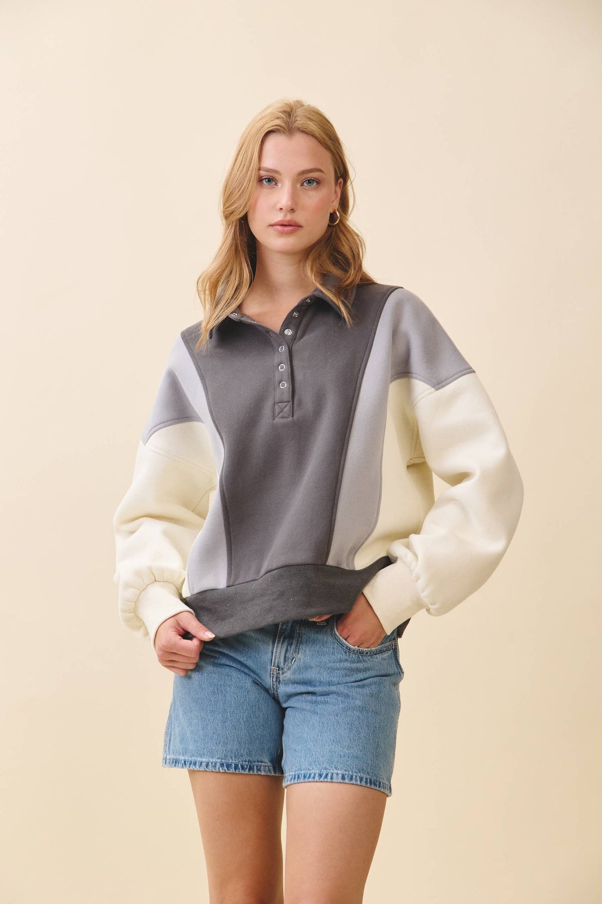 9161HK Collared Colorblock Henley Pullover Sweatshirt