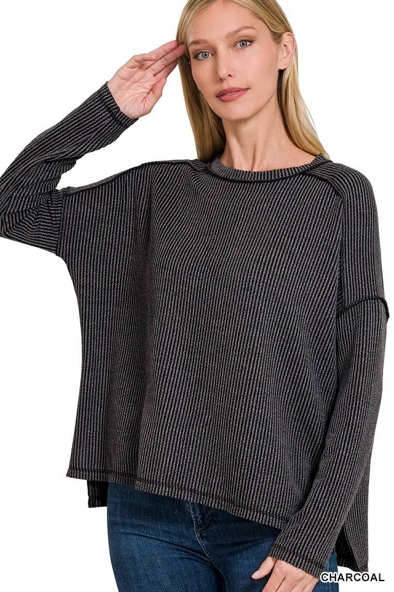 Raised Rib Raw Edge Boat Neck Long Sleeve Top