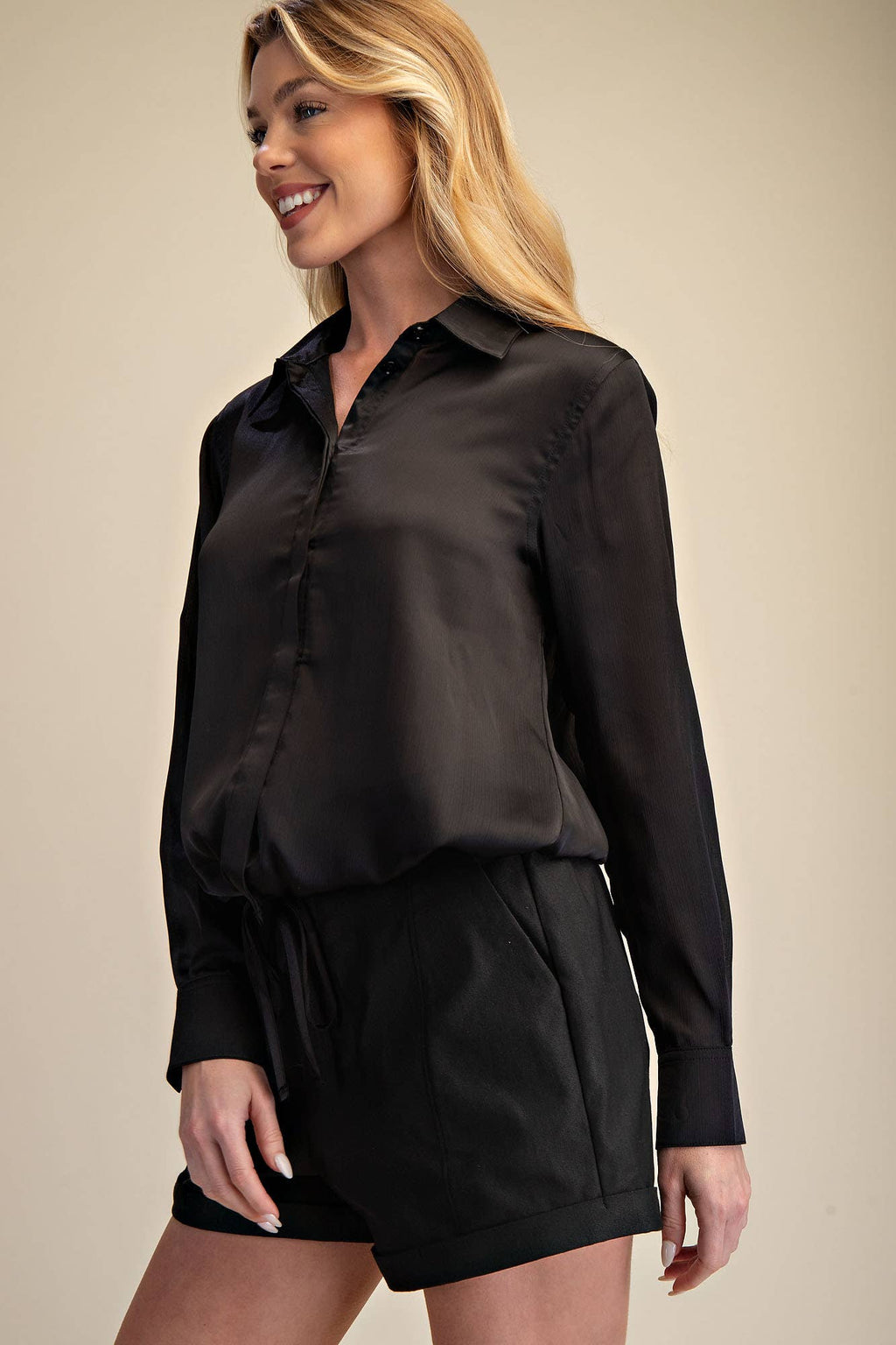 Collar Neck Long Sleeve Adjustable Drawstring Hem Shirt
