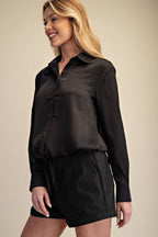 Collar Neck Long Sleeve Adjustable Drawstring Hem Shirt